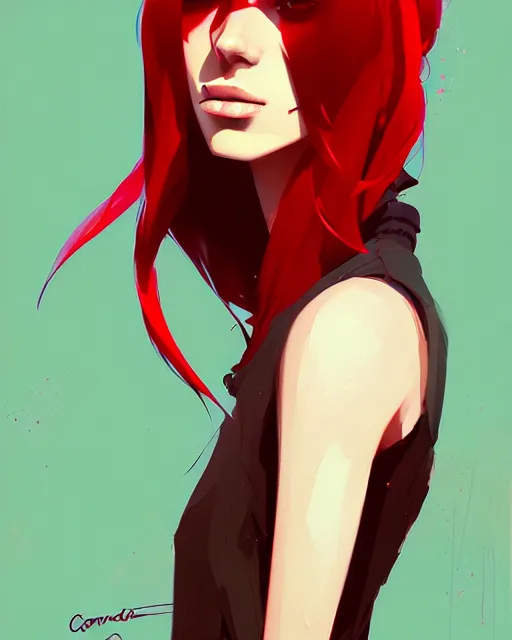 Image similar to a ultradetailed beautiful portrait panting of a stylish woman with red bangs, by conrad roset, greg rutkowski and makoto shinkai, trending on artstation