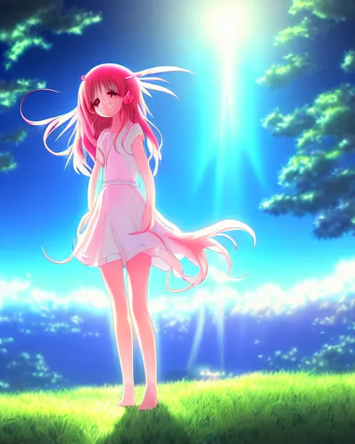 Image similar to anime style, vivid, full body, a cute girl with white skin and long pink wavy hair singing a song, heavenly, stunning, realistic light and shadow effects, happy, centered, landscape shot, happy, simple background, studio ghibly makoto shinkai yuji yamaguchi