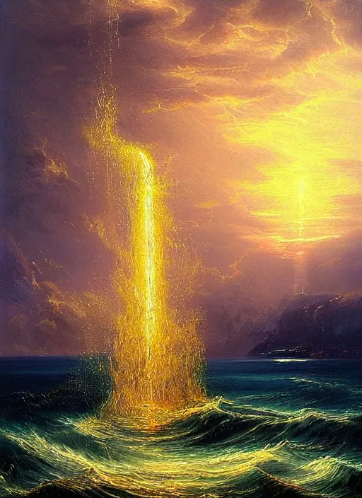 Prompt: a delicate sparkling gold fantasy tower splashes upwards from a turbulent ocean, dramatic lighting, rich colors, sunlight shimmering off the tower and the water and the spray, beautiful painting by Thomas Cole