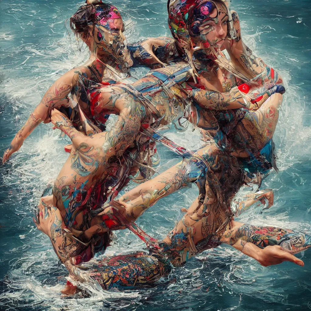 Prompt: barefoot waterskier, 8 k, by tristan eaton, stanley artgermm, tom bagshaw, greg rutkowski, carne griffiths, trending on deviantart, hyper detailed, glorious lighting, dramatic lightning