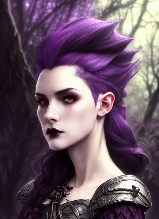 Image similar to side portrait dark witch, adventurer outfit large cloak, fantasy forest landscape, dragon scales, fantasy magic, undercut hairstyle, short purple black fade hair, dark light night, intricate, elegant, sharp focus, illustration, highly detailed, digital painting, concept art, matte, art by WLOP and Artgerm and Greg Rutkowski and Alphonse Mucha, masterpiece