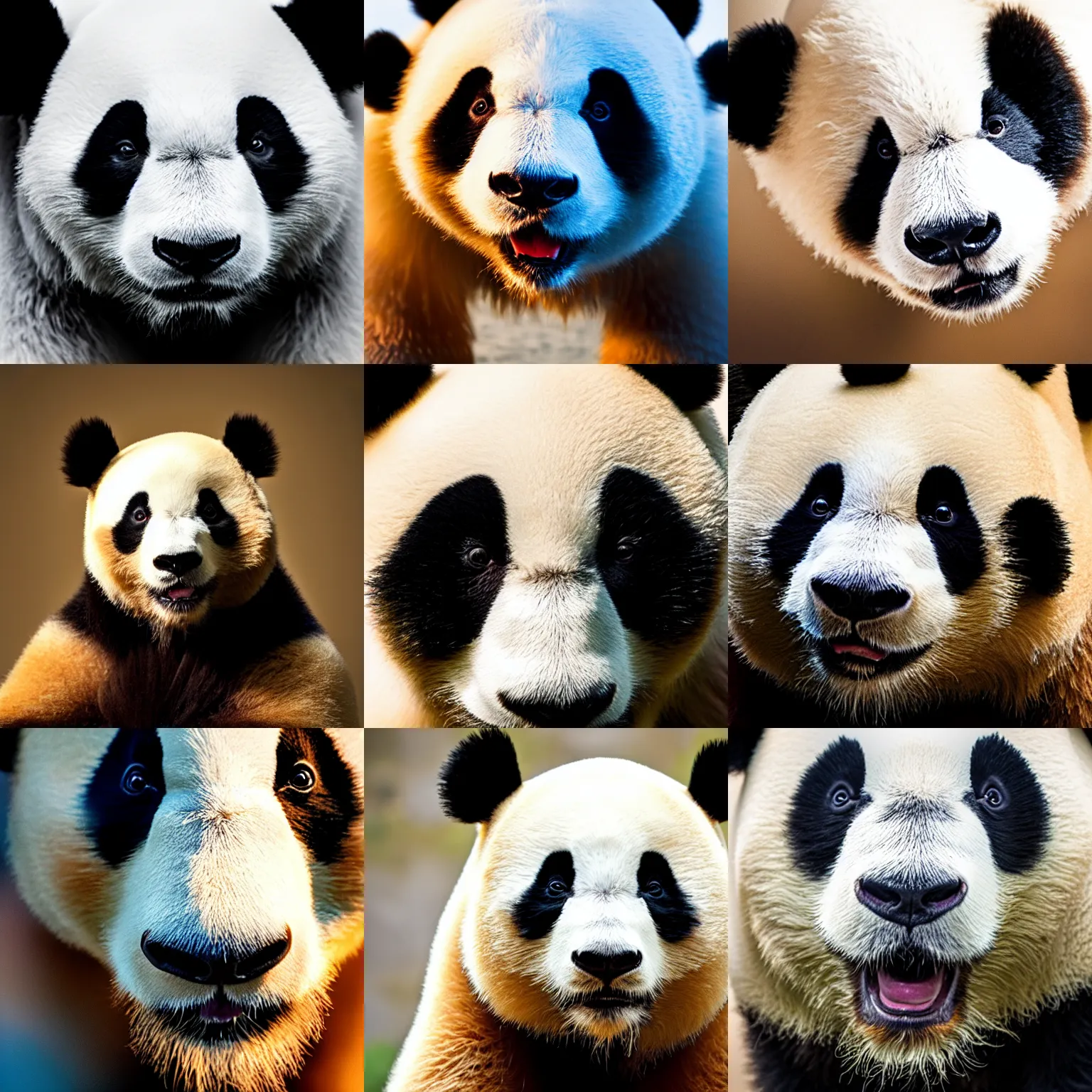 Prompt: panda bear without fur! close up, cinematic, professional photography, central focus