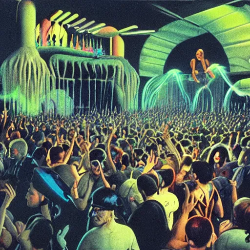 Image similar to boiler room, rave party, crowd, by roger dean