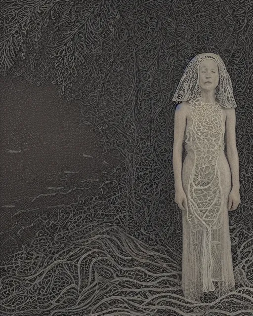 Image similar to a woman standing by the sea, made of intricate decorative lace leaf skeleton, in the style of the dutch masters and gregory crewdson, dark and moody