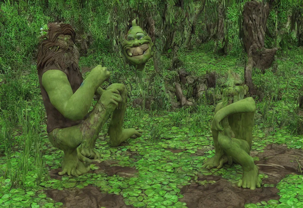 Image similar to big green man living in a swamp. his house is little and made of wood. he takes a bath in the mud. high quality 3 d render, dreamworks animated film style. 5 0 mm lens