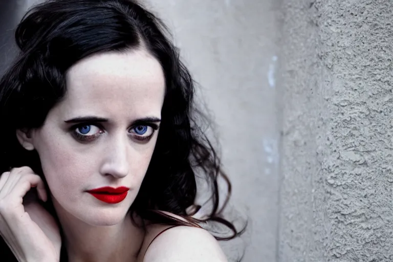 Prompt: closeup portrait Eva Green in a smoky new york back street, by Steve McCurry and David Lazar, natural light, detailed face, CANON Eos C300, ƒ1.8, 35mm, 8K, medium-format print
