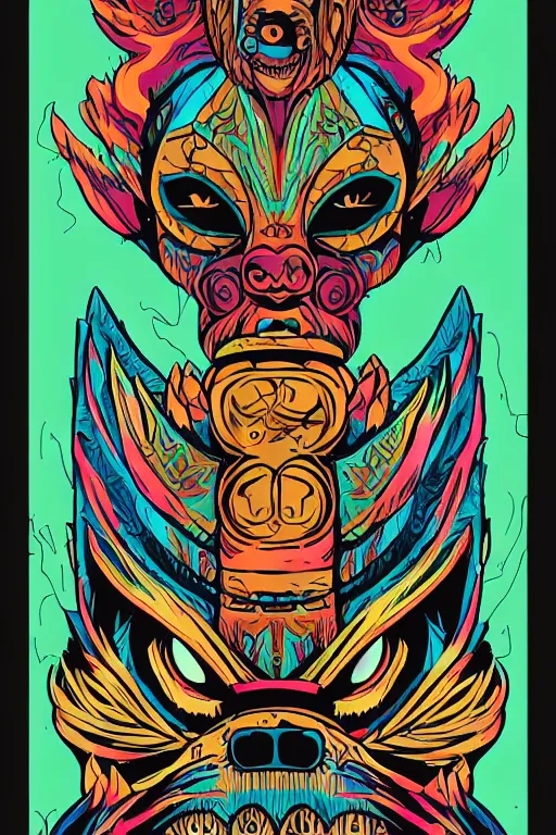 Image similar to animal mask totem roots flower tribal feather gemstone plant wood rock shaman vodoo video game vector cutout illustration vivid multicolor borderlands comics by josan gonzales and dan mumford radiating a glowing aura