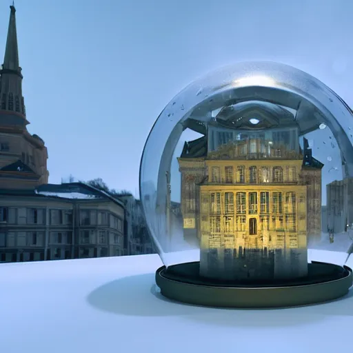 Prompt: a snow globe with a soviet building in it, a computer rendering by leandro erlich, trending on cgsociety, retrofuturism, tesseract, isometric, physically based rendering
