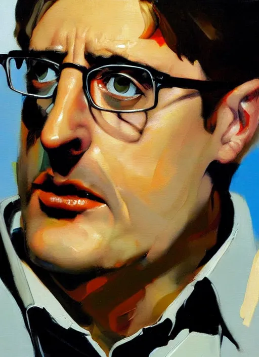 Prompt: louis theroux, painting by phil hale, 'action lines'!!!, graphic style, visible brushstrokes, motion blur, blurry