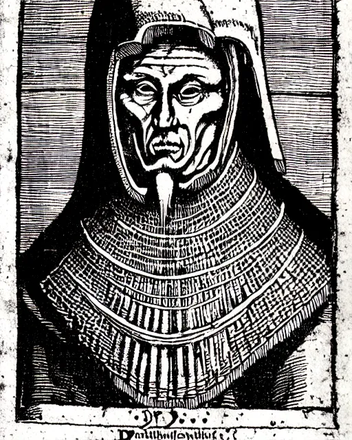 Image similar to b & w woodcut portrait of oprtimus prime from the nuremberg chronicle, 1 4 9 3, restored, hq scan