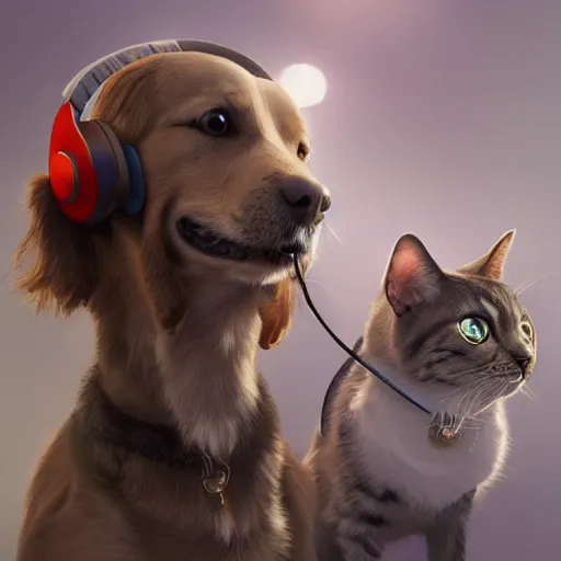 Image similar to a dog and cat wearing headphones smiling, 8 k resolution, digital art, serene, marco lens, by greg rutkowski, wlop, artgerm, artstation