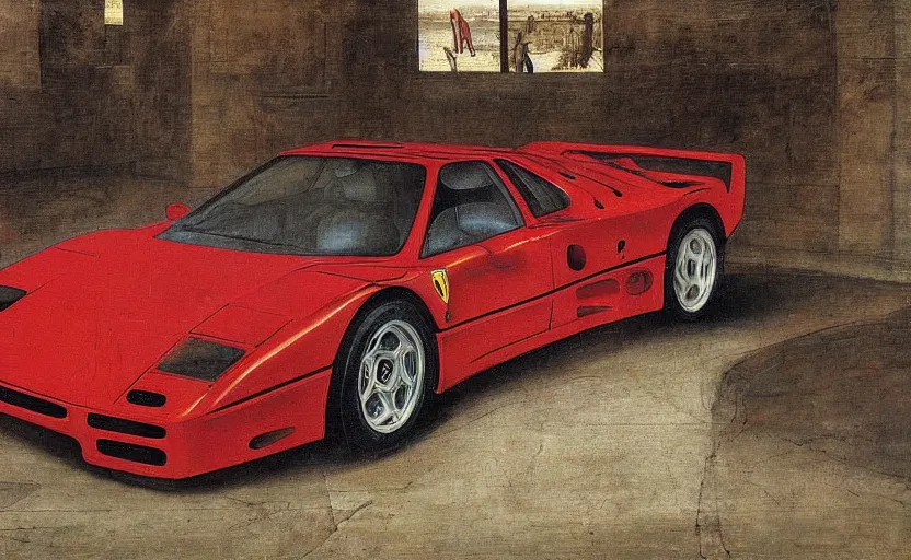 Prompt: Painting of a Ferrari F40, italian High Renaissance art by Leonardo da Vinci