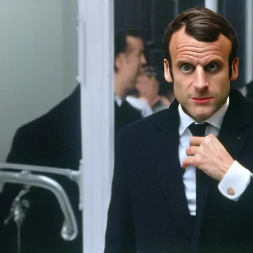 Image similar to Emmanuel Macron falling in American Psycho (1999)