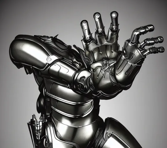 Prompt: h. r. giger esque full front view of a friendly happy emerald ultron from age of ultron fresh of the production line washed clean shiny _ clockwork steampunk, t - 8 0 0, robocop, robot hands