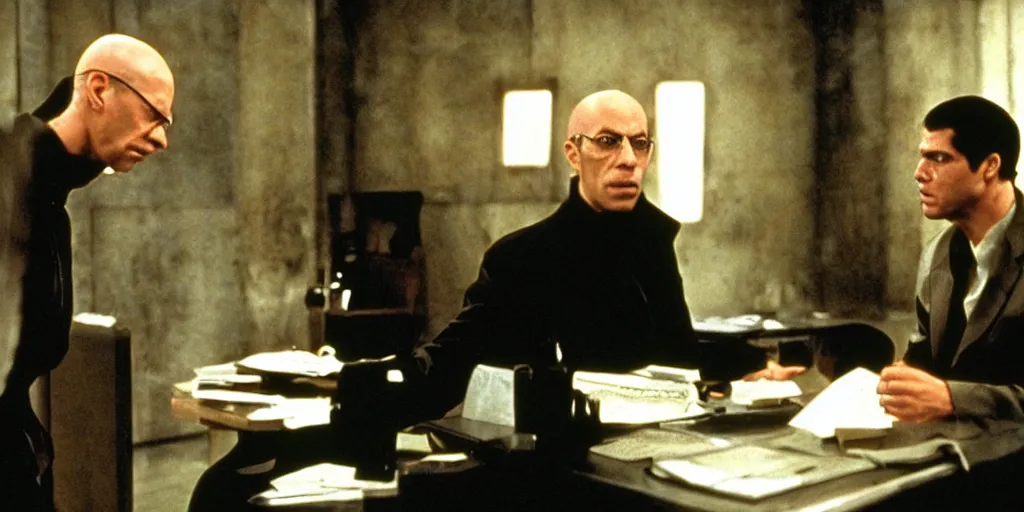 Prompt: Scene from Matrix 5 where Neo meets Michel Foucault played by Rock Hudson