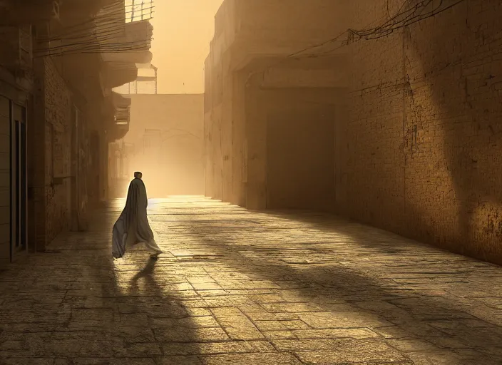 Image similar to old jeddah city alley, roshan, old shops, horse, magical glowing sand portal to another dimension, a man wearing a white robe standing watching over, dramatic lighting, dawn, by caspar david friedrich, unreal engine 5