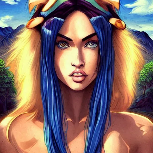 Image similar to “Megan Fox, portrait!!! Mononoke-hime style, cartoon, blue sky with white clouds green hills and mountains on the background, fantasy, photorealistic, concept Art, ultra detailed portrait, 4k resolution”