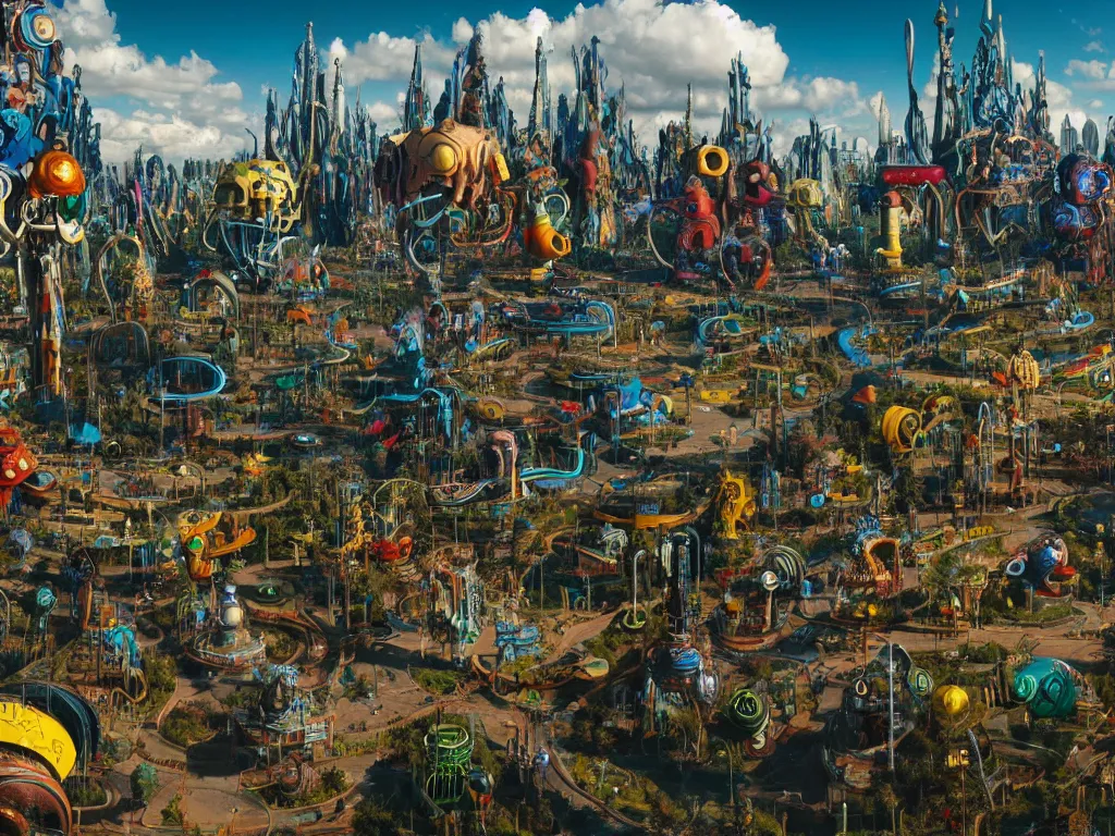 Prompt: a busy elaborate ornate outdoor sci - fi park, cinematic, shadows, partly cloudy day, 4 k, detailed, by basquiat and peter jackson and beeple