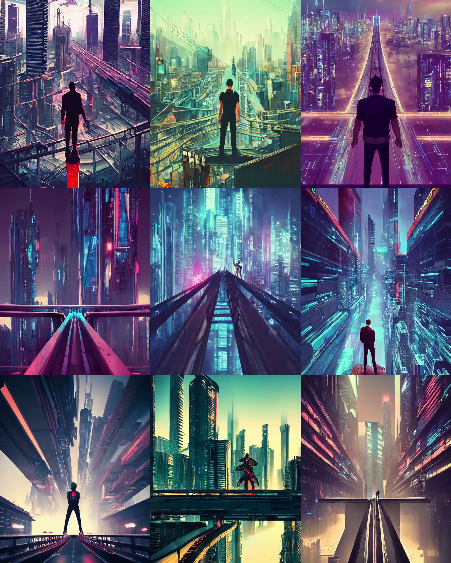 Prompt: a man standing on top of a bridge over a city, cyberpunk art by Vincent Lefevre, behance contest winner, altermodern, cityscape, synthwave, tilted perspective, matte painting