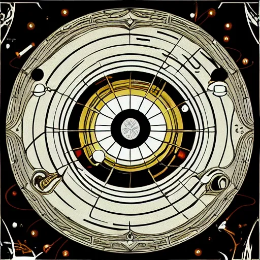 Prompt: art nouveau floor pattern, solar system, scifi inspired, foundation, thin lines, black and white by paul chadeisson