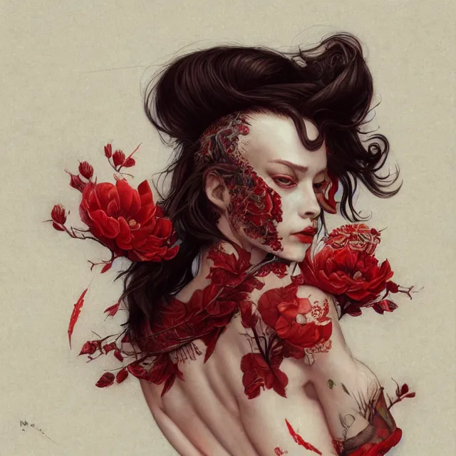 Image similar to ultra realistic illustration, beautifulwoman dressed in red kimono, backview, tattoos, in the style of peter mohrbacher by weta digital and beth cavener, high face symmetry, intricate, masterpiece, award winning, high face symmetry, intricate