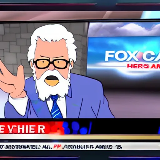 Prompt: colonel sanders presenting the weather on fox news. anime style