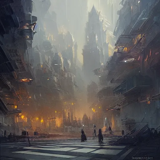 Image similar to concept art of a city whose inhabitants are chess pieces, by greg rutkowski