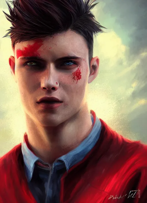 Image similar to An epic fantasy comic book style portrait painting of a young man with black and red cowlick undercut haircut, wearing a red shirt, black overcoat, blue jeans. Unreal 5, DAZ, hyperrealistic, octane render, cosplay, RPG portrait, dynamic lighting