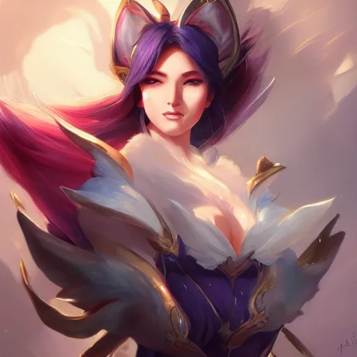 Image similar to Ahri, League of legends, fantasy, portrait, highly detailed, digital painting, trending on artstation, concept art, sharp focus, illustration, art by artgerm and greg rutkowski and magali villeneuve