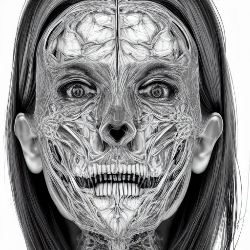 Image similar to beatifull frontal face portrait of a woman, 150 mm, anatomical, flesh, flowers, mandelbrot fractal, facial muscles, veins, arteries, symmetric, intricate