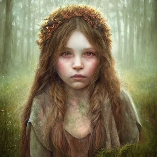 Image similar to a forest child girl portrait by leesha hannigan, fantasy, artwork, digital art, highly detailed face, nature, light, fog