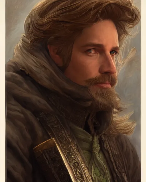 Prompt: white male rogue bard portrait, highly detailed, very intricate, cinematic lighting, closeup painted portrait, by donato giancola and rossdraws and magali villenueve, featured on artstation