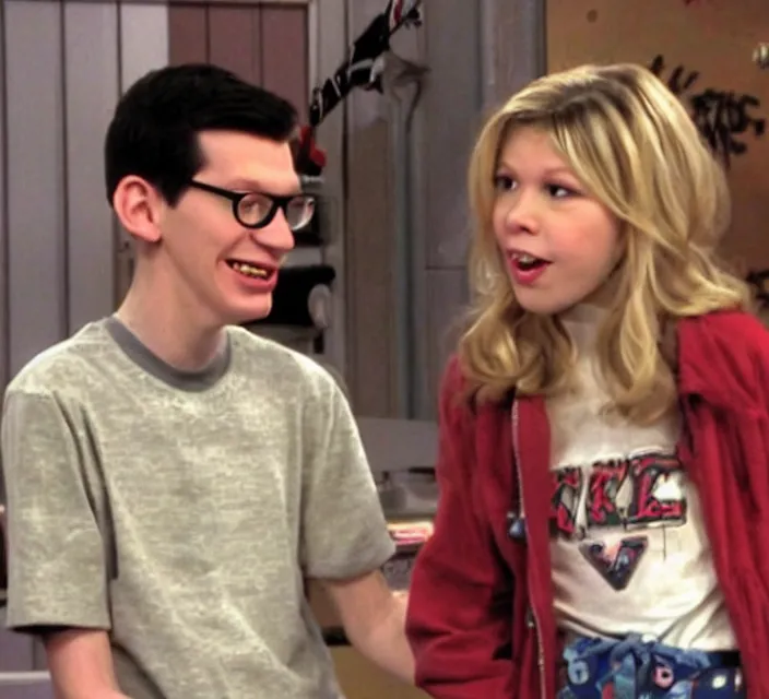 Prompt: a screenshot of neil cicierega introducing himself to carly in icarly ( 2 0 0 9 ), vhs quality, low quality