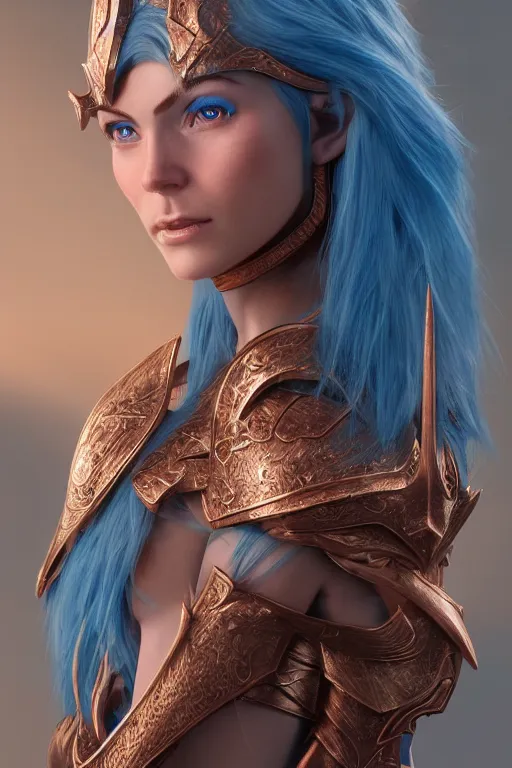 Image similar to a beautiful and highly detailed digital illustration of a female elven paladin with blue hair in rose gold armor, a digital painting by magali villeneuve, cgsociety, fantasy art, cryengine, concept art, photorealism, daz 3 d, sketchfab, zbrush, vray