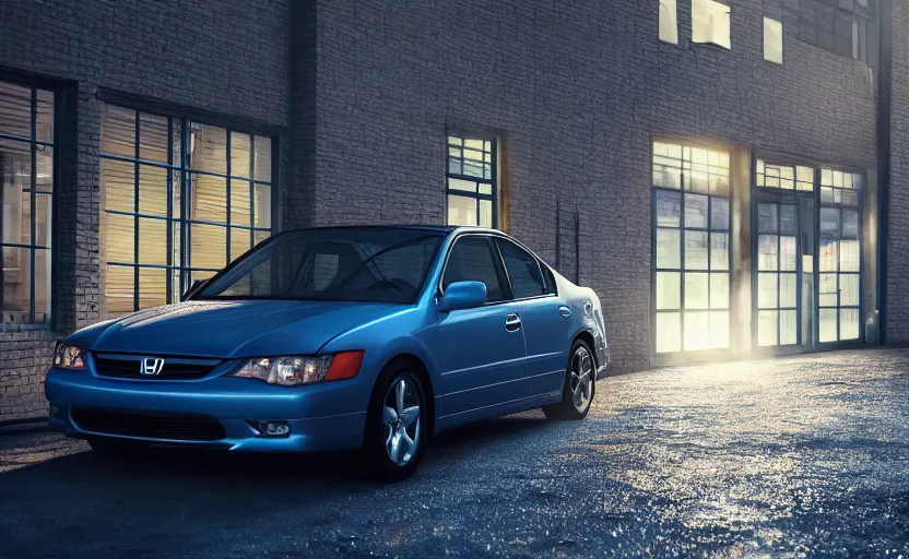 Prompt: blue 2 0 0 3 honda accord parked near a grey brick garage at sunrise, oil puddle under car, concept art, octane render, unreal engine 5, trending on artstation, high quality, 8 k, soft lighting, path traced, hyperrealistic, highly detailed, digital art, symmetrical, cinematic, high coherence, godrays