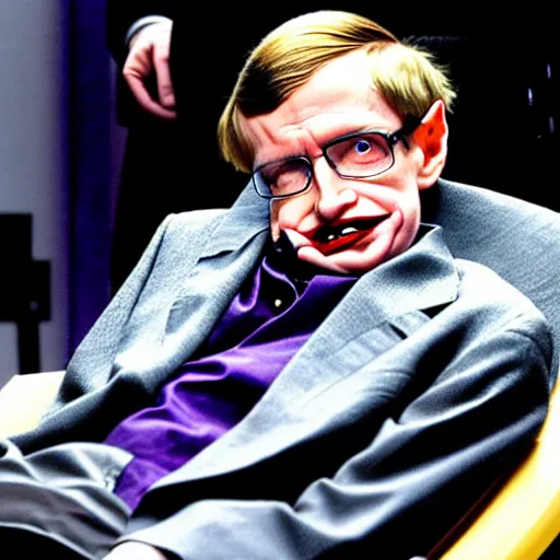 Image similar to ' stephen hawking playing the joker in the latest batman. the joker played by stephen hawking