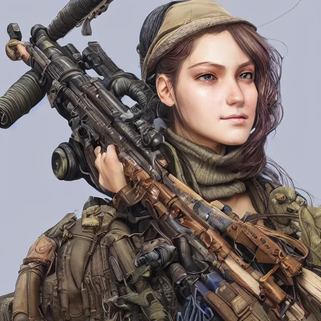 Image similar to the portrait of lawful neutral semi - colorful female infantry sniper as absurdly beautiful, gorgeous, elegant, young woman looking up, an ultrafine hyperdetailed illustration by kim jung gi, irakli nadar, intricate linework, bright colors, octopath traveler, final fantasy, unreal engine 5 highly rendered, global illumination, radiant light, detailed and intricate environment