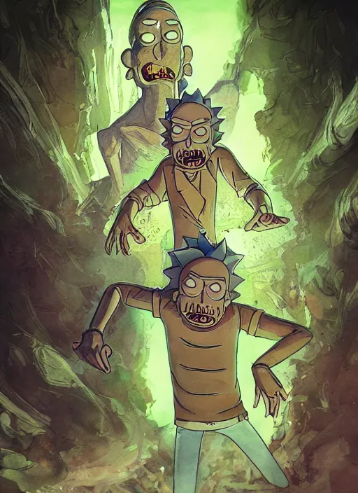 Image similar to portrait, Rick and Morty, watercolor, dramatic lighting, cinematic, establishing shot, extremly high detail, foto realistic, cinematic lighting, pen and ink, intricate line drawings, by Yoshitaka Amano, Ruan Jia, Kentaro Miura, Artgerm, post processed, concept art, artstation, matte painting, style by eddie mendoza, raphael lacoste, alex ross