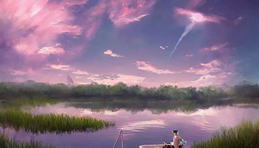 Image similar to a garden gnome sails across a pond in a bucket, dramatic pink clouds, blue sky, jessica rossier, art station