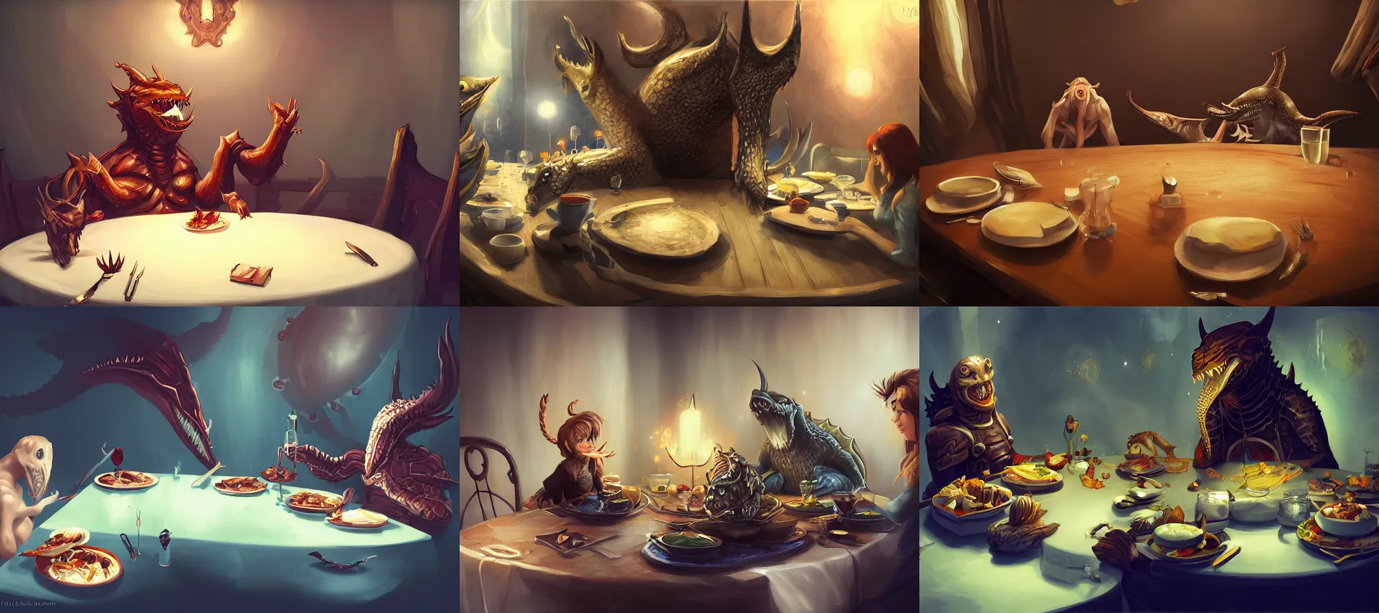 Prompt: leviathan eating dinner at a table by sandara juliathedragoncat artstation julia mato cindy avelino