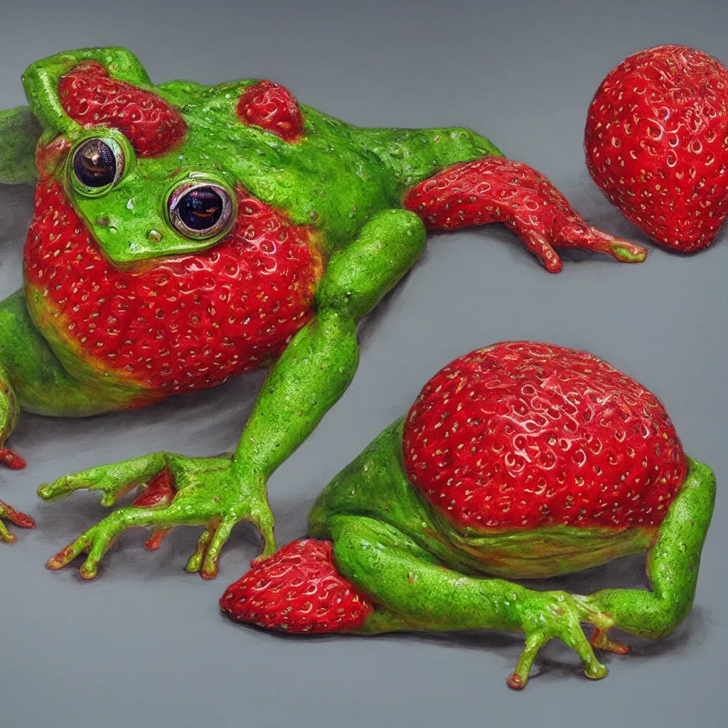 Image similar to hyperrealistic mixed media painting of a strawberry frog chimera, dim volumetric lighting, 8 k octane beautifully detailed render, post - processing, portrait, extremely hyper - detailed, intricate, epic composition, cinematic lighting, masterpiece, trending on artstation, very very detailed, masterpiece, stunning