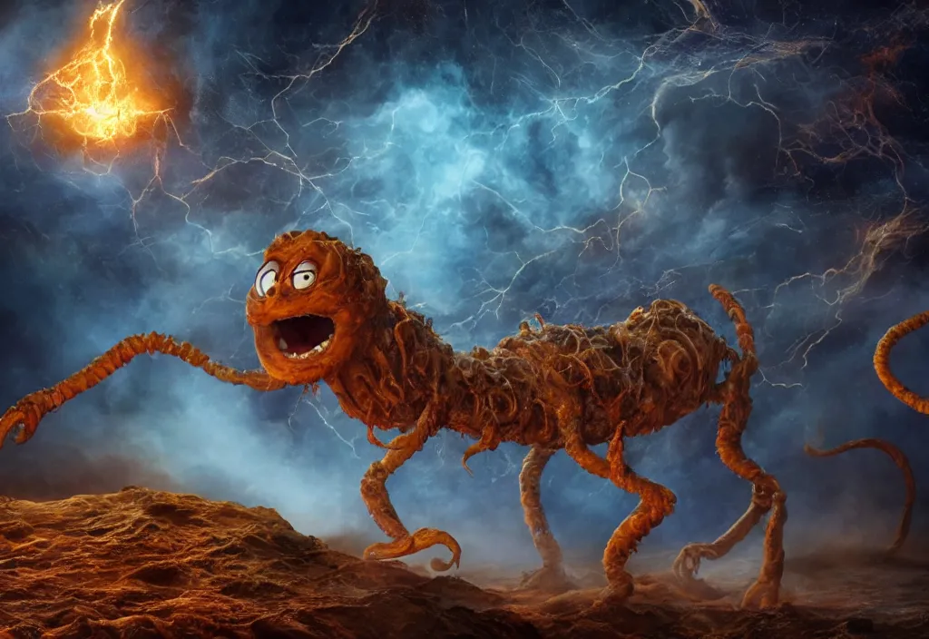 Image similar to eldritch horror bloody garfield in space, hd, 8 k, giant, epic, realistic photo, unreal engine, prophecy, powerful, cinematic lighting, destroyed planet, debris, violent, sinister, ray tracing, dynamic, epic composition, dark, horrific, teeth, grotesque, monochrome drawing, hellscape, corpses, foreboding, lightning, garfield cartoon eyes