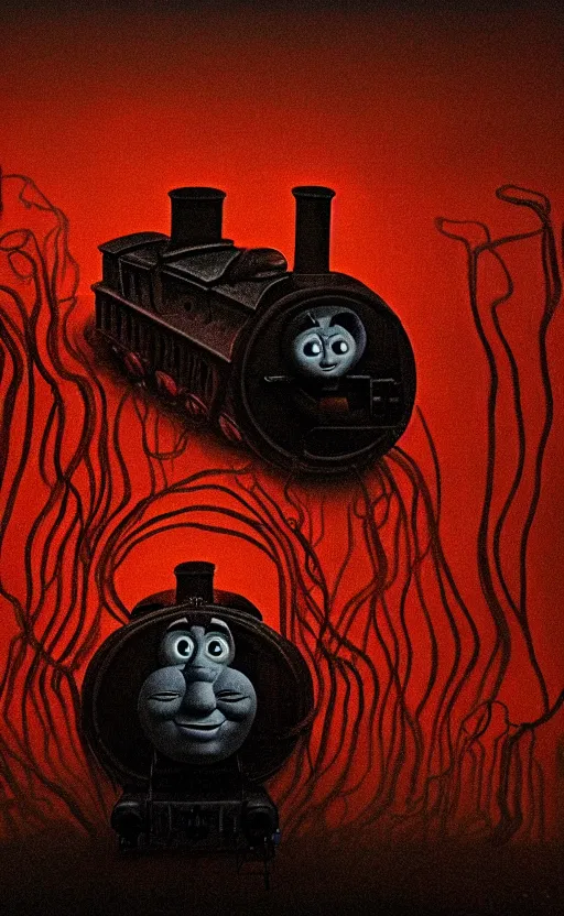 Image similar to thomas the tank engine in style of zdzisław beksinski, extremely dramatic lighting, 8 k, tendrils, black, darkness, black slime tendrils, infected, rust, body horror, thomas the train, thomas the tank engine face, horror,