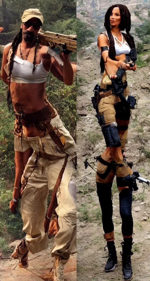 Image similar to Snoop Dogg cosplaying Lara croft