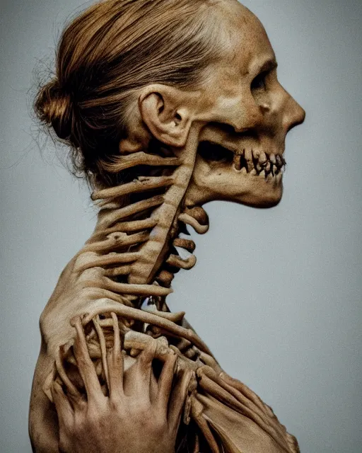 Image similar to a woman's face in profile, made of wildflowers skeleton, in the style of the dutch masters and gregory crewdson, dark and moody