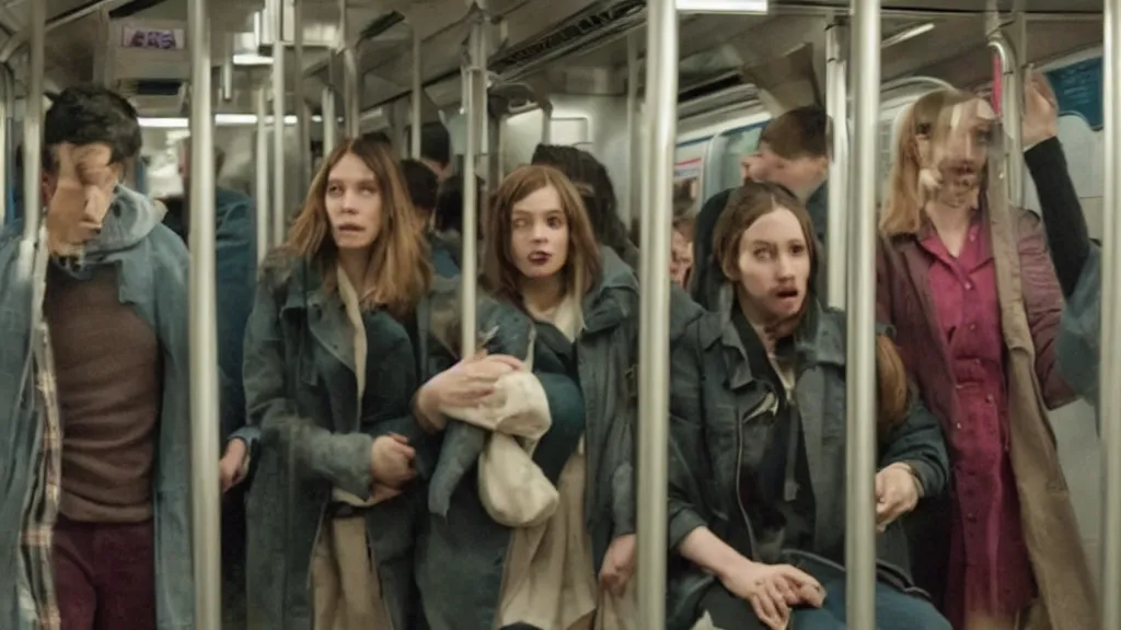 Prompt: an high quality still from an a 2 4 horror movie about riding the subway at night directed by ari aster