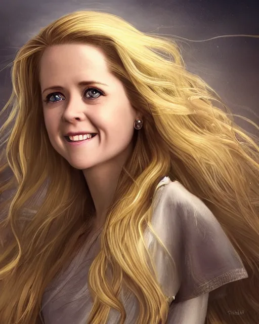 Prompt: happy smiling jenna fischer cleric, long blonde wind swept hair, ethereal, dreamy, backlit, highly detailed, stern expression, realistic lighting, sharp focus, windswept, rule of thirds, symmetrical facial features, by artgerm, wlop, rossdraws, frank frazetta, andrei riabovitchev, trending on artstation, hd, 4 k, fantasy