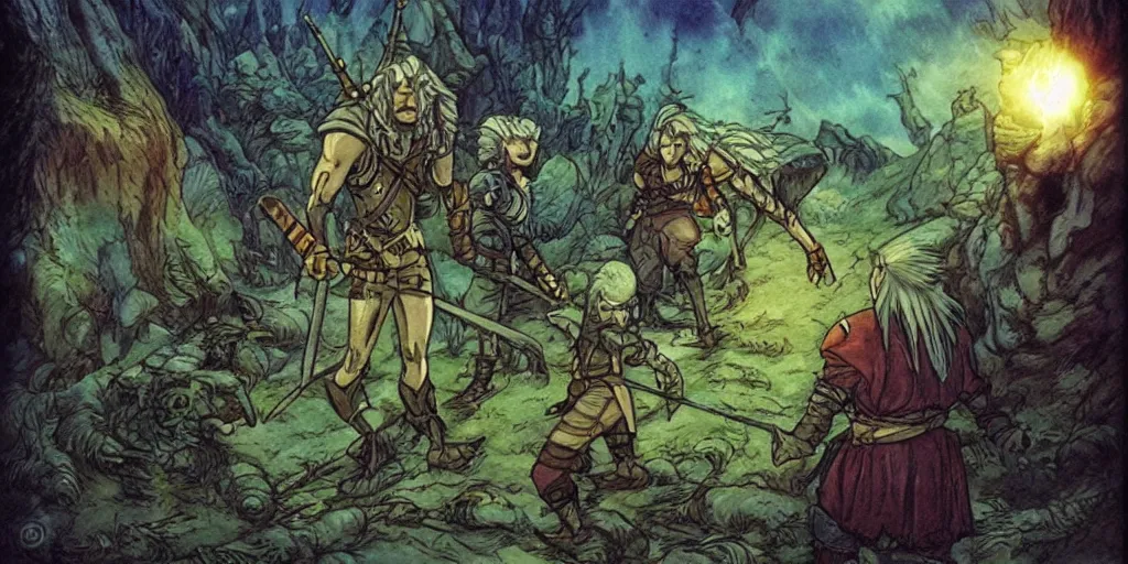 Image similar to the witcher fighting bioluminescent monsters in a ghibli cartoon, by larry elmore and brian froud,