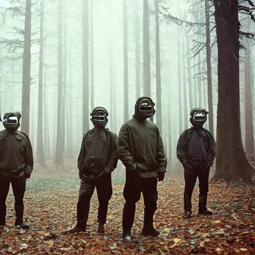 Image similar to high realistic photo portrait group of men with gas masks in a foggy forest, cinestill 800t 35mm, heavy grain, high quality