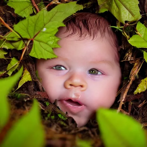 Image similar to award winning hyper realistic photograph of a baby sasquatch portrait hiding in the leaves peering out timidly with with large cute eyes